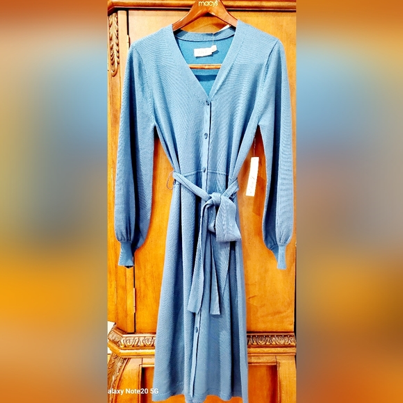 🍀❤️ NWT-Eliza J-Blue Sweater Knit-Button Front Flared Dress - Picture 4 of 7